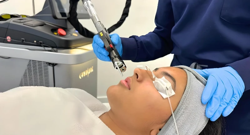 Patient receiving Elite iQ laser facial treatment at Soluna Medical in Las Vegas